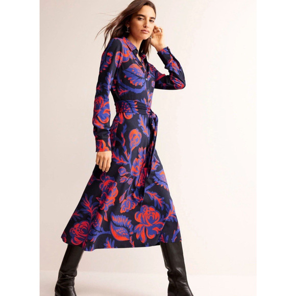 Boden Dresses & Skirts - Boden Laura Jersey Midi Shirt Dress Size 16L Navy Red Floral Pattern with Belt